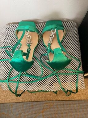 Fashion to Figure Emerald Satin T-Strap Lace-Up Heels with Crystal Chain